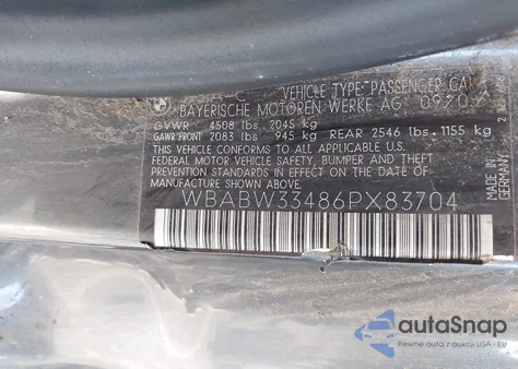 2006 BMW 325Ci z USA, uszkodzony, nr VIN WBABW33486PX83704